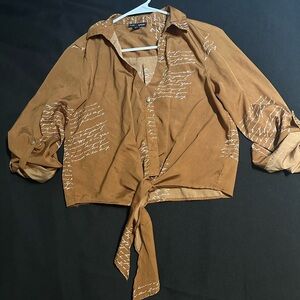 Brown Tie-Front Blouse with Script Print